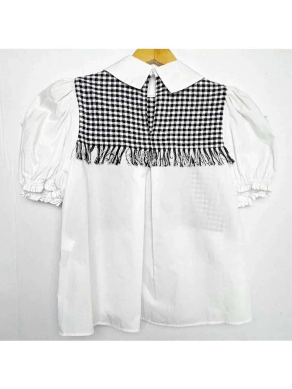 Zara Black and White Checkered Puff Sleeve shirt top w tweed fringed vest Small